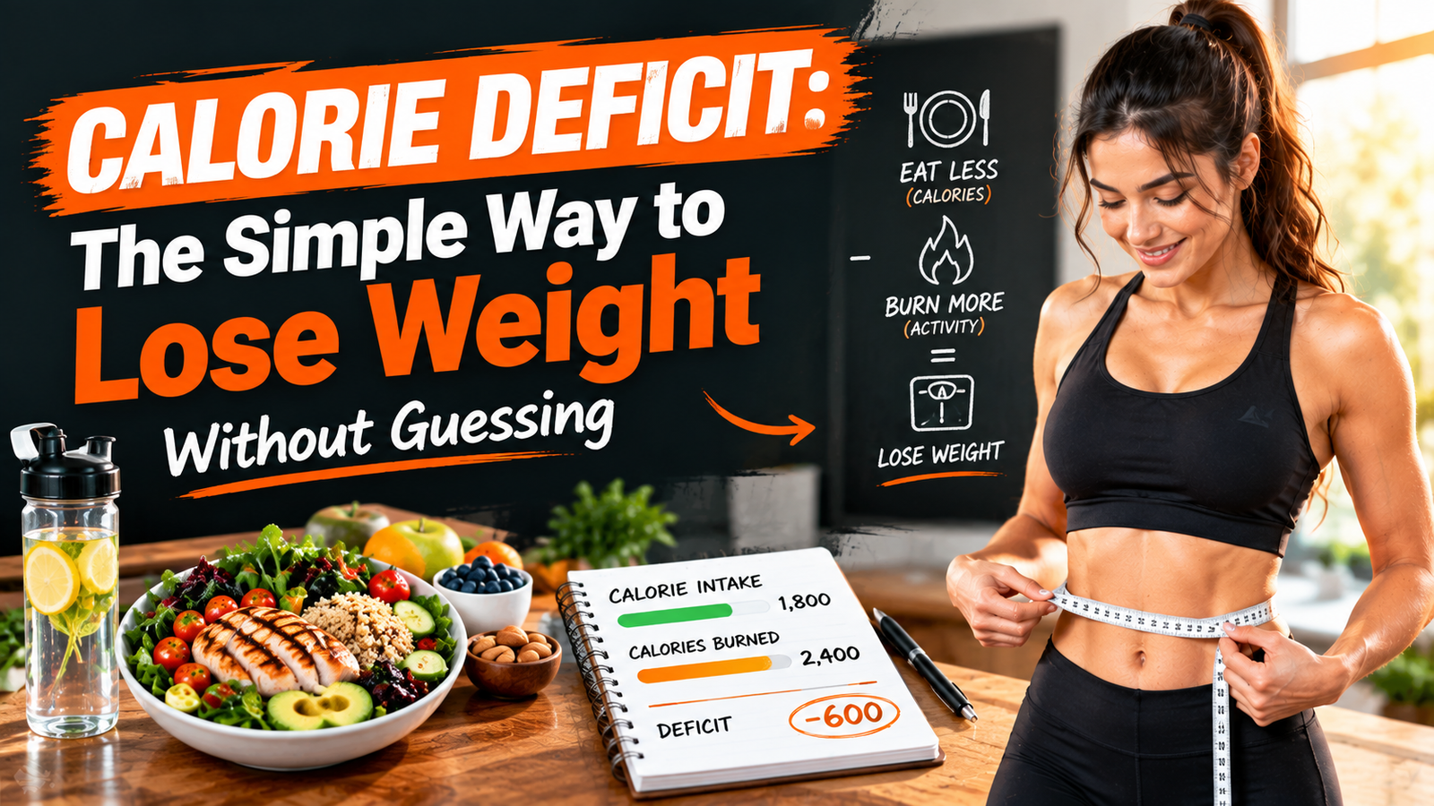 A plate of food next to a notebook showing a daily calorie target