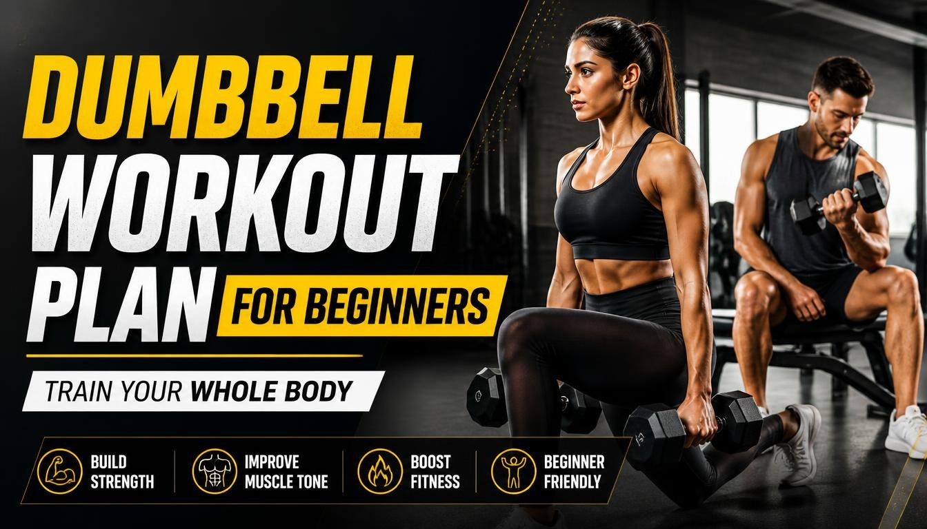 Beginner performing a full body dumbbell workout with a pair of weights